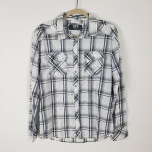 5/$12 BKE Buckle Shirt Gray White Plaid Athletic Fit Med